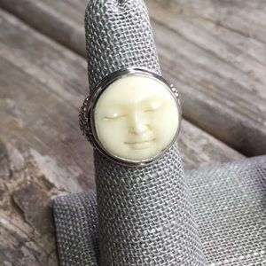 Vintage Sterling Carved Bone Moon Face Ring